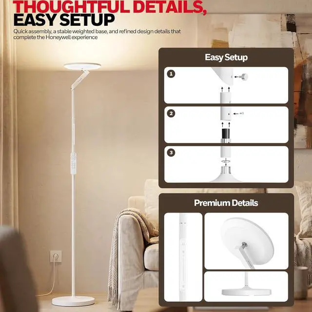 Alt view image 5 of 7 - Honeywell LED Floor Lamp 3000LM Full-Spectrum Torchiere Reading RGB Remote