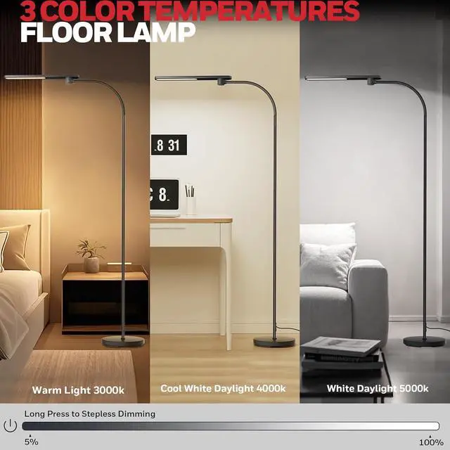 Alt view image 3 of 7 - Honeywell LED Floor Lamp for Reading CRI97 Full Spectrum Dimmable Gooseneck