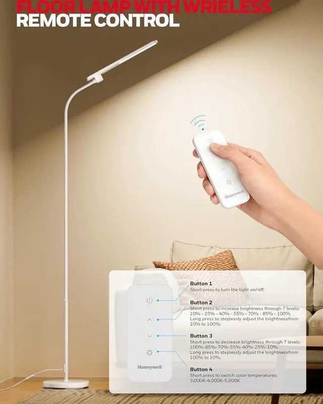Alt view image 4 of 7 - Honeywell LED Floor Lamp Dimmable Gooseneck Reading Living Room Bedroom 77"