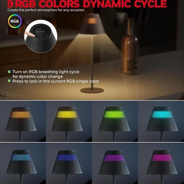 Alt view image 6 of 7 - Honeywell Cordless Rechargeable Table Lamp, M1 Sunturalux Portable LED Bottle Lamp 5200mAh Battery Operated 4Color 9RGB Dimmable Touch Control Bedside Lamps Night Light for Restaurant Living Bedroom