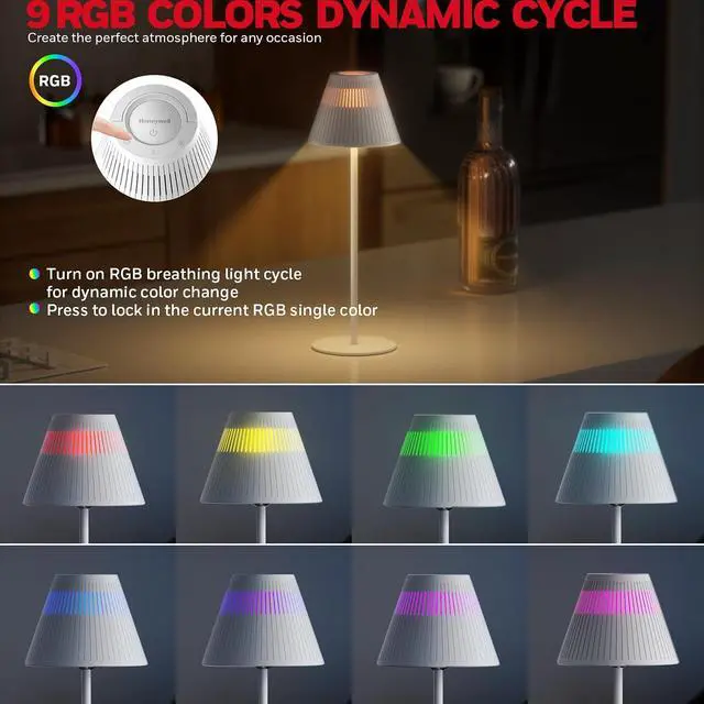 Alt view image 7 of 7 - Honeywell Cordless Table Lamps Rechargeable Set of 2, M1 Sunturalux Portable LED Desk Lamp 5200mAh 4Color 9RGB Dimmable Bedside Lamps for Restaurant/Bedroom/Bars/Party/Camping Night Light