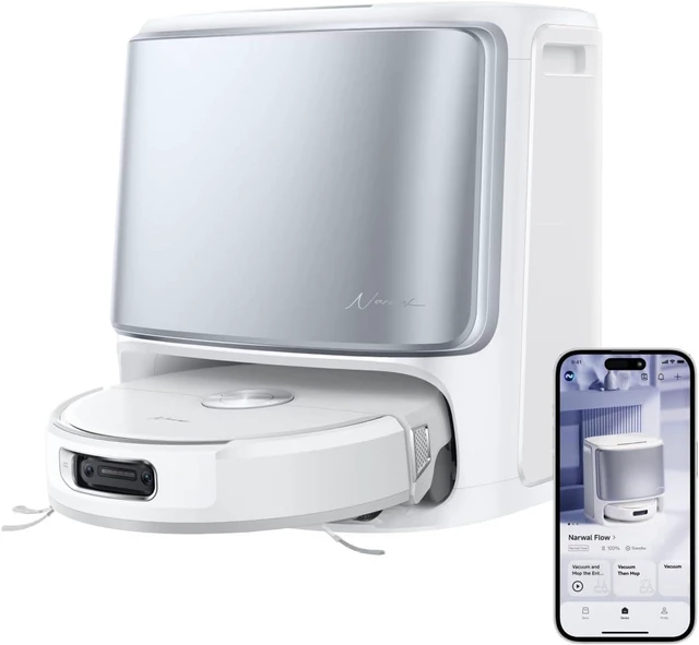 Main image of NARWAL Flow Robot Vacuum and Mop Combo, 22000Pa, FlowWash Mop, White, TwinAI 200+ objects, DualFlow anti-tangle, CarpetFocus, EdgeReach, 173°F wash, 104°F drying, self-emptying, 2.4/5GHz Wi-Fi