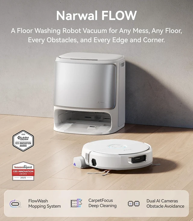 Alt view image 3 of 7 - NARWAL Flow Robot Vacuum and Mop Combo, 22000Pa, FlowWash Mop, White, TwinAI 200+ objects, DualFlow anti-tangle, CarpetFocus, EdgeReach, 173°F wash, 104°F drying, self-emptying, 2.4/5GHz Wi-Fi