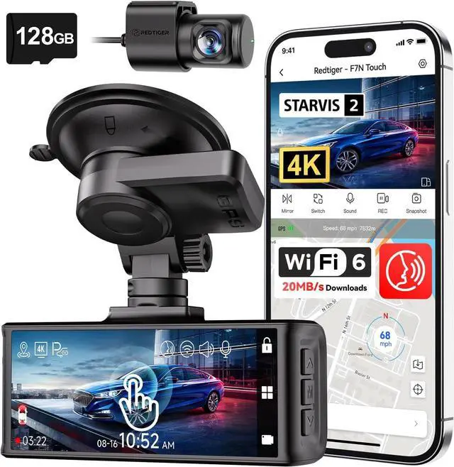 Main image of 4K STARVIS 2 Dash Cam Front and Rear, 5GHz WiFi 20MB/s Download, 128GB Card Included, Voice Control, Dash Camera for Cars with 3.18" Touch Screen, GPS, Loop Recording, Parking Mode(F7N Touch)