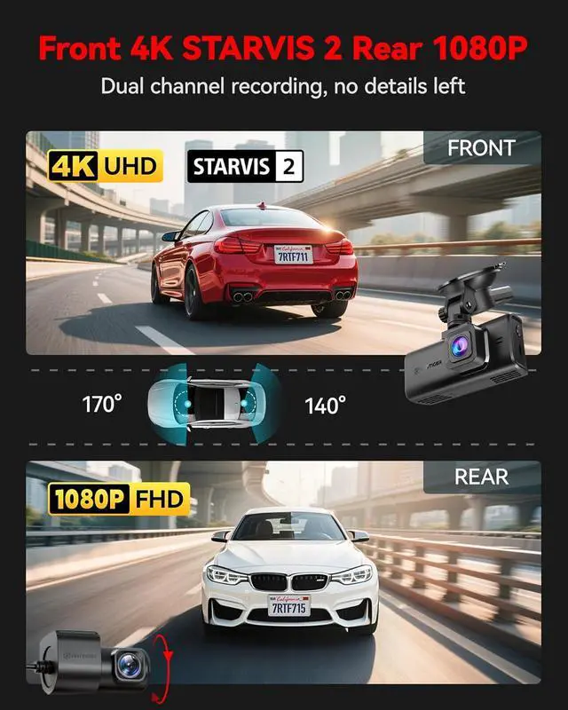 Alt view image 2 of 7 - 4K STARVIS 2 Dash Cam Front and Rear, 5GHz WiFi 20MB/s Download, 128GB Card Included, Voice Control, Dash Camera for Cars with 3.18" Touch Screen, GPS, Loop Recording, Parking Mode(F7N Touch)
