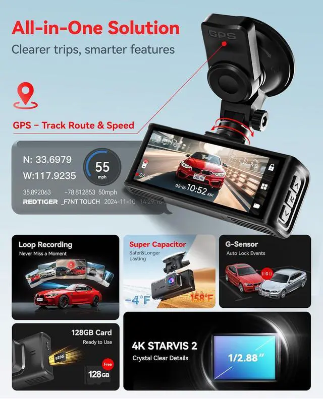 Alt view image 3 of 7 - 4K STARVIS 2 Dash Cam Front and Rear, 5GHz WiFi 20MB/s Download, 128GB Card Included, Voice Control, Dash Camera for Cars with 3.18" Touch Screen, GPS, Loop Recording, Parking Mode(F7N Touch)