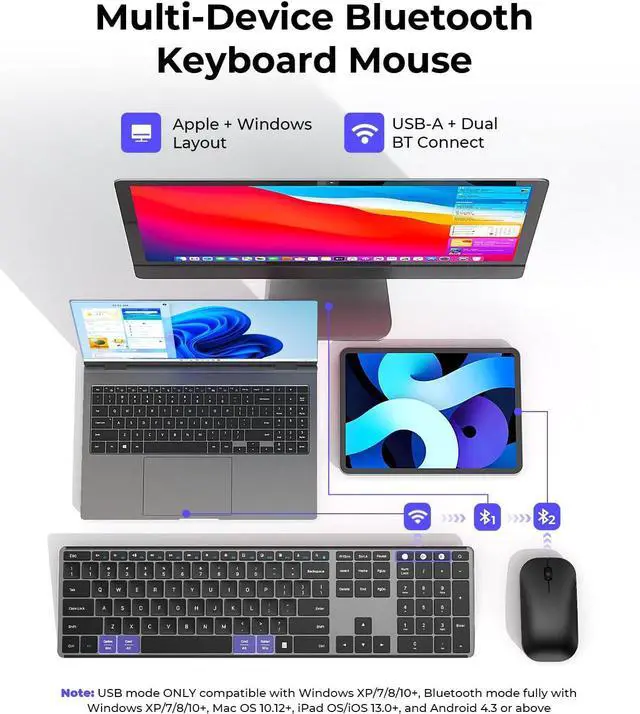 Alt view image 2 of 7 - seenda Wireless Bluetooth Keyboard and Mouse Combo (USB + Dual BT), SKM64-3 Multi-Device Rechargeable Slim Keyboard and Mouse, Compatible for Win 7/8/10, MacBook Pro/Air, iPad, Tablet - Black Gray