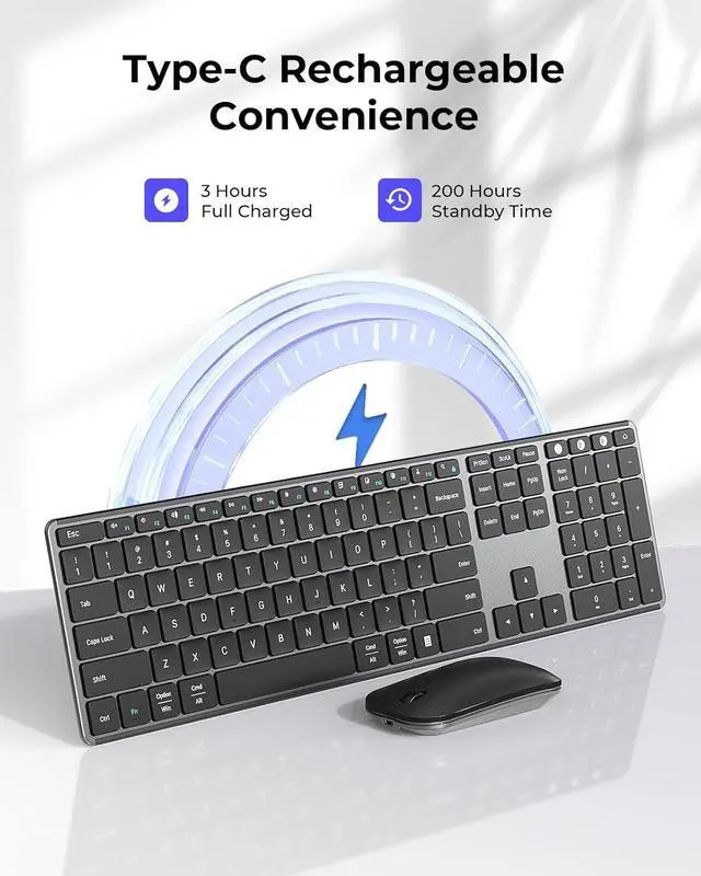 Alt view image 3 of 7 - seenda Wireless Bluetooth Keyboard and Mouse Combo (USB + Dual BT), SKM64-3 Multi-Device Rechargeable Slim Keyboard and Mouse, Compatible for Win 7/8/10, MacBook Pro/Air, iPad, Tablet - Black Gray