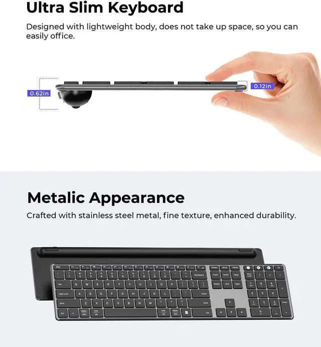 Alt view image 4 of 7 - seenda Wireless Bluetooth Keyboard and Mouse Combo (USB + Dual BT), SKM64-3 Multi-Device Rechargeable Slim Keyboard and Mouse, Compatible for Win 7/8/10, MacBook Pro/Air, iPad, Tablet - Black Gray