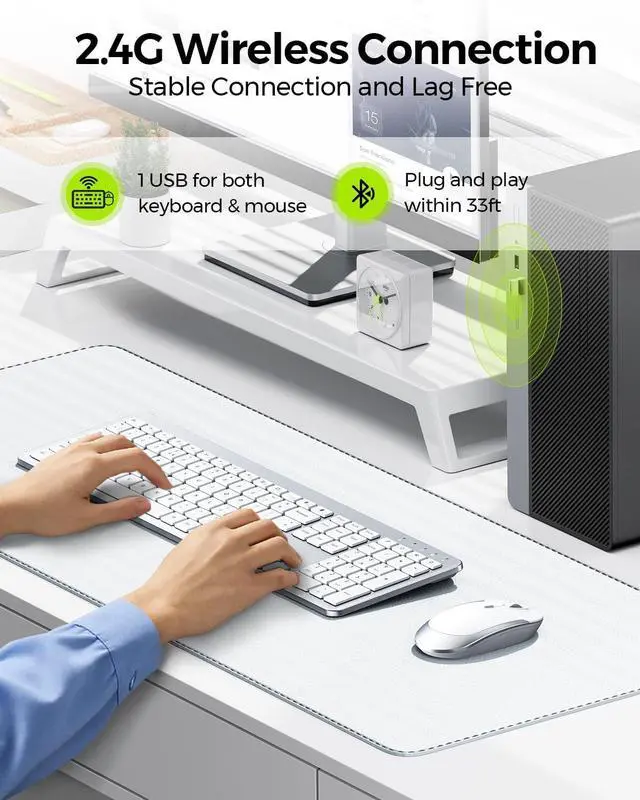 Alt view image 2 of 7 - Wireless Keyboard and Mouse Combo - Full Size Slim Thin Wireless Keyboard Mouse with Numeric Keypad 2.4G Stable Connection Adjustable DPI (White & Silver)