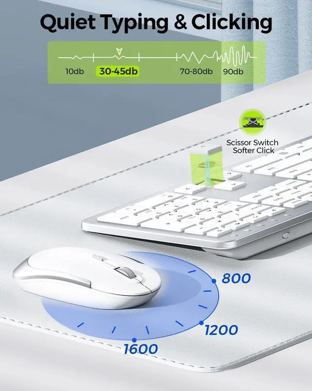 Alt view image 3 of 7 - Wireless Keyboard and Mouse Combo - Full Size Slim Thin Wireless Keyboard Mouse with Numeric Keypad 2.4G Stable Connection Adjustable DPI (White & Silver)