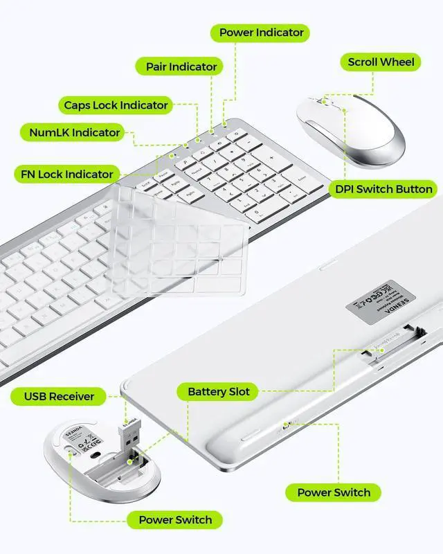 Alt view image 6 of 7 - Wireless Keyboard and Mouse Combo - Full Size Slim Thin Wireless Keyboard Mouse with Numeric Keypad 2.4G Stable Connection Adjustable DPI (White & Silver)