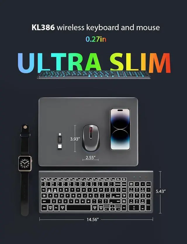 Alt view image 7 of 7 - SABLUTE Wireless Keyboard and Mouse Combo Backlit - Compact Quiet Keyboard with RGB Mouse, Rechargeable, Slim, Sleep Mode, Portable Cordless Keyboard Mouse Set for Mac, Windows, Laptop (Space Gray)
