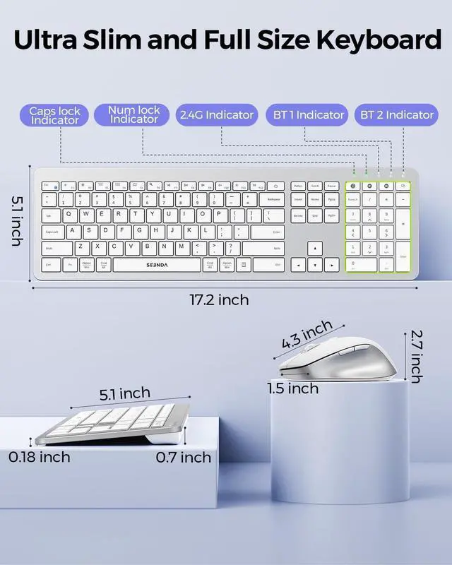 Alt view image 5 of 7 - seenda Bluetooth Keyboard and Mouse, Wireless Keyboard Mouse Combo 2.4G+Dual Bluetooth Multi-Device Connection Full Size Ultra-Slim Keyboard with Number Pad for Windows/Mac,White & Silver