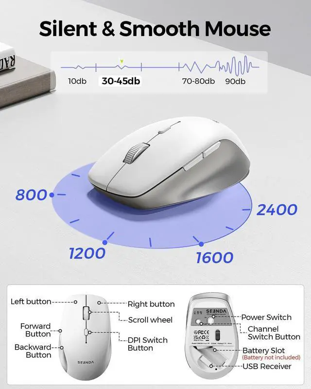 Alt view image 6 of 7 - seenda Bluetooth Keyboard and Mouse, Wireless Keyboard Mouse Combo 2.4G+Dual Bluetooth Multi-Device Connection Full Size Ultra-Slim Keyboard with Number Pad for Windows/Mac,White & Silver