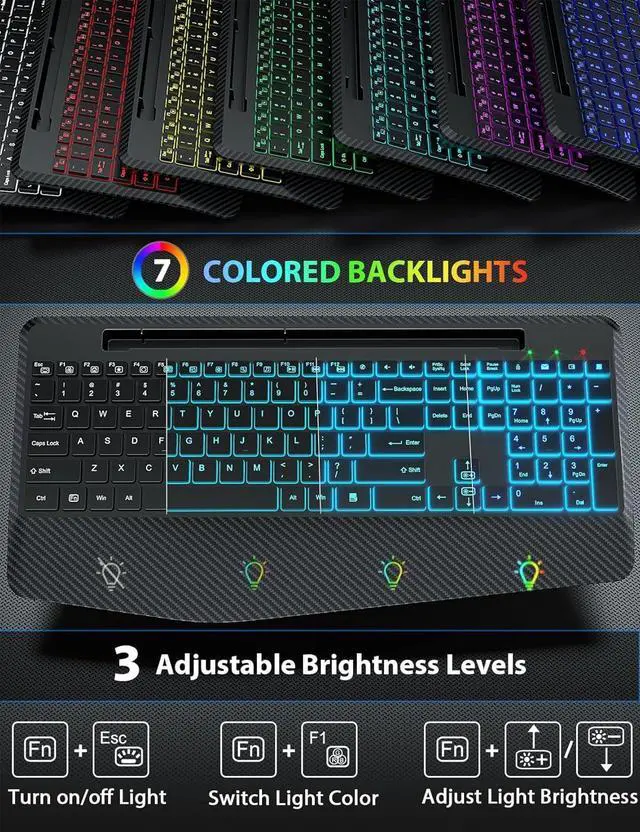 Alt view image 2 of 7 - Wireless Keyboard and Mouse Backlits, Wrist Rest, LED Mouse, Rechargeable Ergonomic Keyboard with Phone Holder, Silent Light Up Combo for Computer, Mac, PC, Laptop, Chromebook (Black)