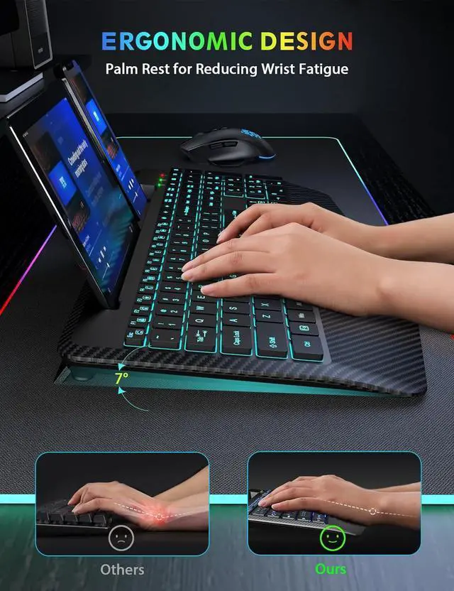 Alt view image 3 of 7 - Wireless Keyboard and Mouse Backlits, Wrist Rest, LED Mouse, Rechargeable Ergonomic Keyboard with Phone Holder, Silent Light Up Combo for Computer, Mac, PC, Laptop, Chromebook (Black)