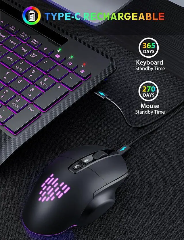 Alt view image 4 of 7 - Wireless Keyboard and Mouse Backlits, Wrist Rest, LED Mouse, Rechargeable Ergonomic Keyboard with Phone Holder, Silent Light Up Combo for Computer, Mac, PC, Laptop, Chromebook (Black)