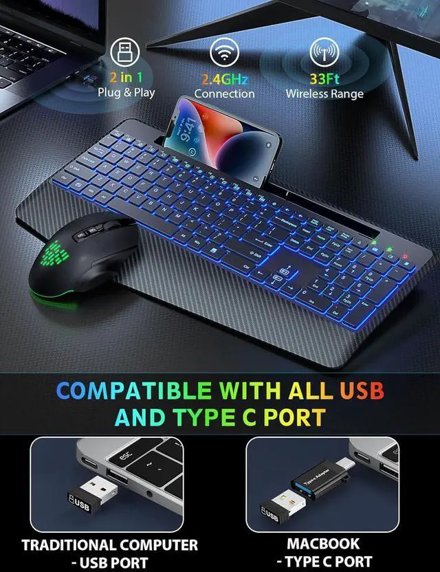 Alt view image 5 of 7 - Wireless Keyboard and Mouse Backlits, Wrist Rest, LED Mouse, Rechargeable Ergonomic Keyboard with Phone Holder, Silent Light Up Combo for Computer, Mac, PC, Laptop, Chromebook (Black)