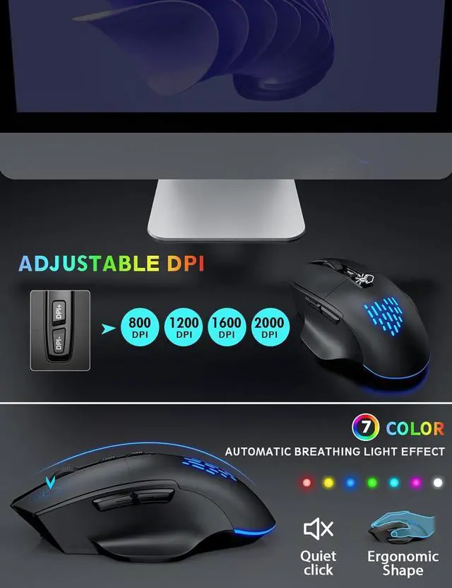 Alt view image 6 of 7 - Wireless Keyboard and Mouse Backlits, Wrist Rest, LED Mouse, Rechargeable Ergonomic Keyboard with Phone Holder, Silent Light Up Combo for Computer, Mac, PC, Laptop, Chromebook (Black)
