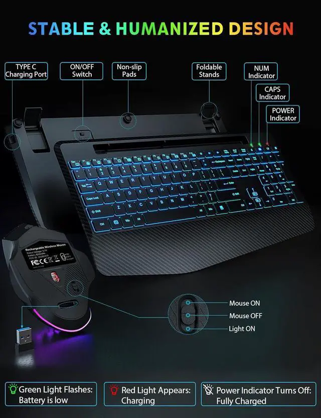Alt view image 7 of 7 - Wireless Keyboard and Mouse Backlits, Wrist Rest, LED Mouse, Rechargeable Ergonomic Keyboard with Phone Holder, Silent Light Up Combo for Computer, Mac, PC, Laptop, Chromebook (Black)