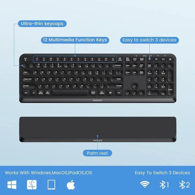 Alt view image 7 of 7 - PHILIPS Bluetooth Keyboard and Mouse Combo - Bluetooth 2.4Ghz Wireless Keyboard and Mouse,Ergonomic Design with Palm Rest,3-Device Connectivity, 5 DPI Mouse, Long Battery for Office & Home - SPT6607