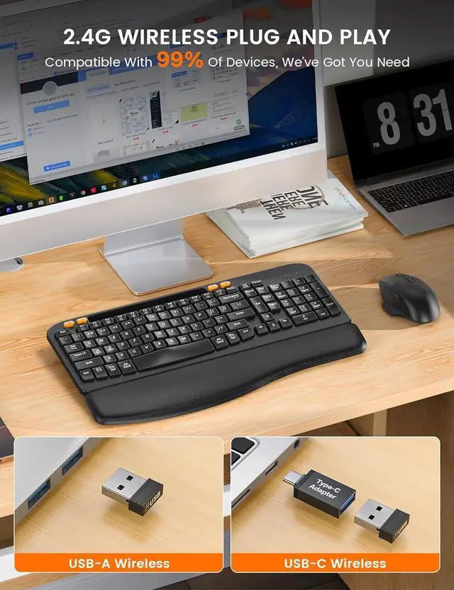 Alt view image 7 of 7 - Wireless Keyboard and Mouse Combo, Ergonomic Wave Keys, Cushioned Plam Rest, Rechargeable, Phone Holder, Natural Typing, 2.4G Lag-Free, Full Size Keyboards Cordless Set for Windows/Mac -SABLUTE