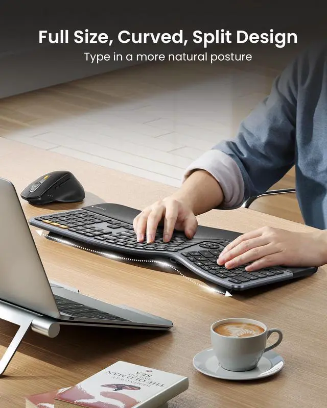Alt view image 2 of 7 - ProtoArc Ergonomic Keyboard Mouse, EKM01 Plus Full Size Wireless Bluetooth Ergo Keyboard Mouse Combo, Cushioned Palm Rest, Split Design, Rechargeable, Compatible for Windows, Mac OS - Gray and Black
