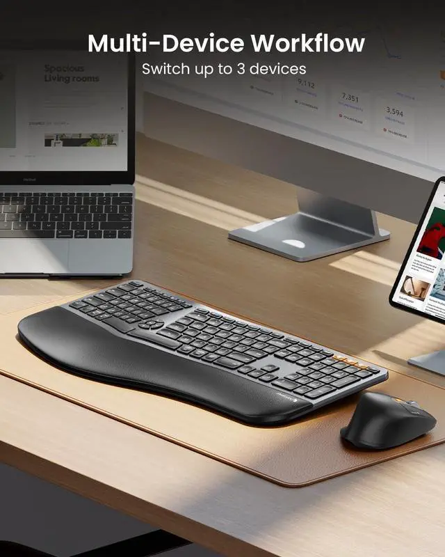 Alt view image 6 of 7 - ProtoArc Ergonomic Keyboard Mouse, EKM01 Plus Full Size Wireless Bluetooth Ergo Keyboard Mouse Combo, Cushioned Palm Rest, Split Design, Rechargeable, Compatible for Windows, Mac OS - Gray and Black