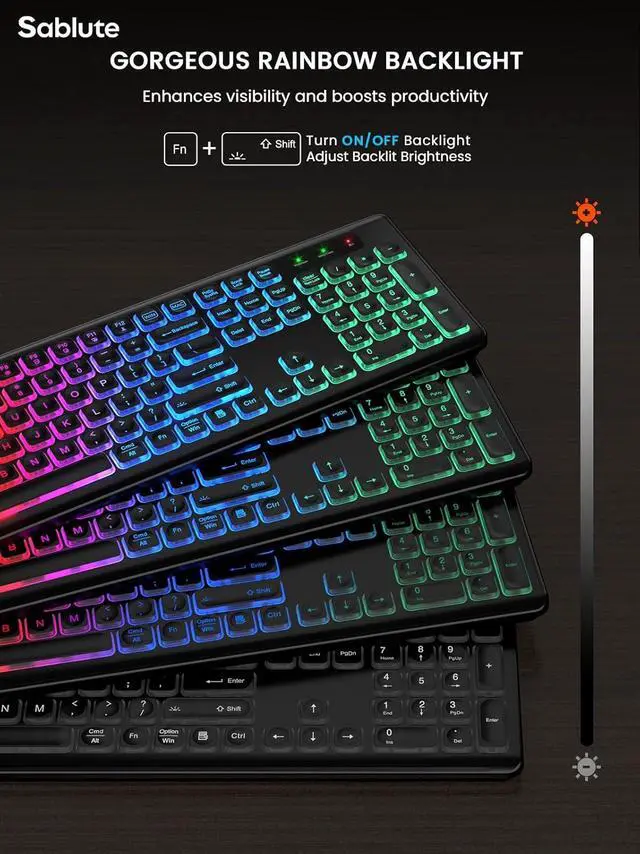 Alt view image 2 of 7 - SABLUTE Wireless Keyboard and Mouse Backlit, Quiet Light Up Keys, Tilt Legs, Sleep Mode - Rechargeable USB Cordless Combo for Computer, iMac, PC, Laptop (Black)