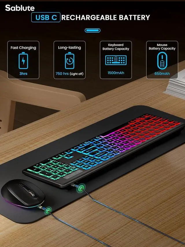 Alt view image 3 of 7 - SABLUTE Wireless Keyboard and Mouse Backlit, Quiet Light Up Keys, Tilt Legs, Sleep Mode - Rechargeable USB Cordless Combo for Computer, iMac, PC, Laptop (Black)