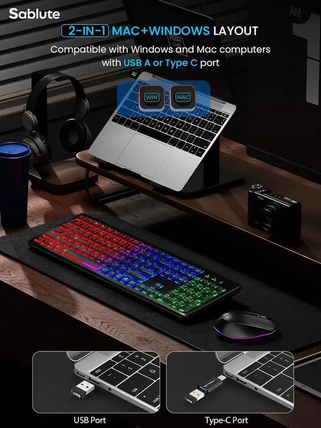 Alt view image 4 of 7 - SABLUTE Wireless Keyboard and Mouse Backlit, Quiet Light Up Keys, Tilt Legs, Sleep Mode - Rechargeable USB Cordless Combo for Computer, iMac, PC, Laptop (Black)