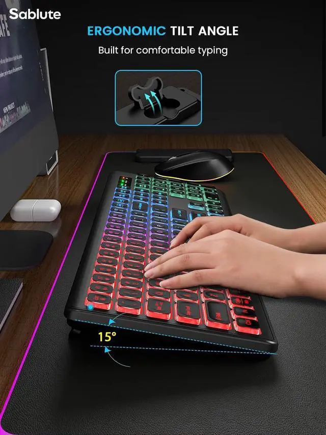 Alt view image 5 of 7 - SABLUTE Wireless Keyboard and Mouse Backlit, Quiet Light Up Keys, Tilt Legs, Sleep Mode - Rechargeable USB Cordless Combo for Computer, iMac, PC, Laptop (Black)