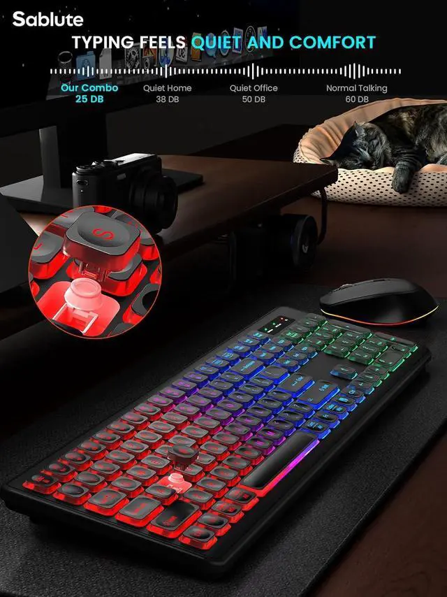 Alt view image 7 of 7 - SABLUTE Wireless Keyboard and Mouse Backlit, Quiet Light Up Keys, Tilt Legs, Sleep Mode - Rechargeable USB Cordless Combo for Computer, iMac, PC, Laptop (Black)