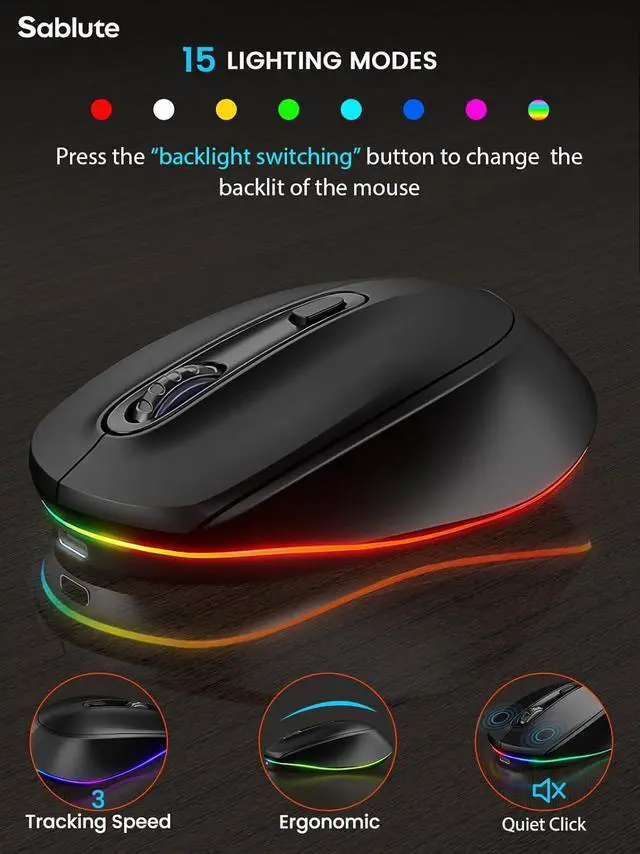 Alt view image 6 of 7 - SABLUTE Wireless Keyboard and Mouse Backlit, Quiet Light Up Keys, Tilt Legs, Sleep Mode - Rechargeable USB Cordless Combo for Computer, iMac, PC, Laptop (Black)