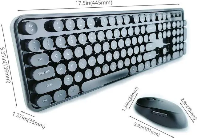 Alt view image 2 of 7 - Wireless Keyboard and Mouse Combo, Retro Style Keyboard with Round Keycaps, 2.4GHz Dropout-Free Connection Mouse with 3 Adjustable DPI for Windows Notebook PC (Black)