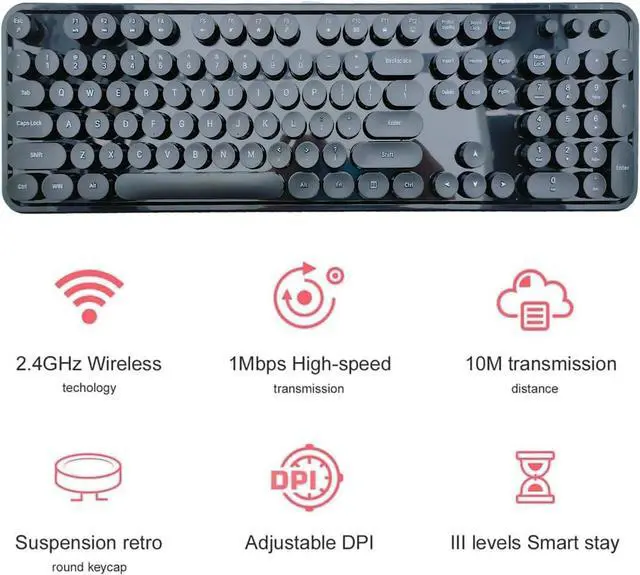 Alt view image 3 of 7 - Wireless Keyboard and Mouse Combo, Retro Style Keyboard with Round Keycaps, 2.4GHz Dropout-Free Connection Mouse with 3 Adjustable DPI for Windows Notebook PC (Black)