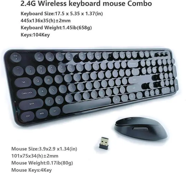 Alt view image 4 of 7 - Wireless Keyboard and Mouse Combo, Retro Style Keyboard with Round Keycaps, 2.4GHz Dropout-Free Connection Mouse with 3 Adjustable DPI for Windows Notebook PC (Black)