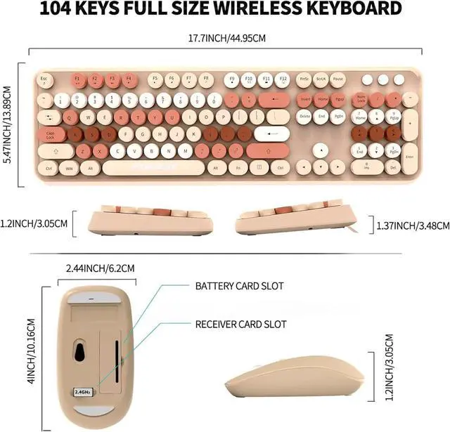 Alt view image 2 of 7 - FD Wireless Keyboard and Mouse Combo | Cute Colorful Keyboard and Mouse with 2.4GHz Cordless Retro Typewriter Keyboard | Auto-Sleep | USB Receiver for Windows PC/Laptop - Creamy Colorful