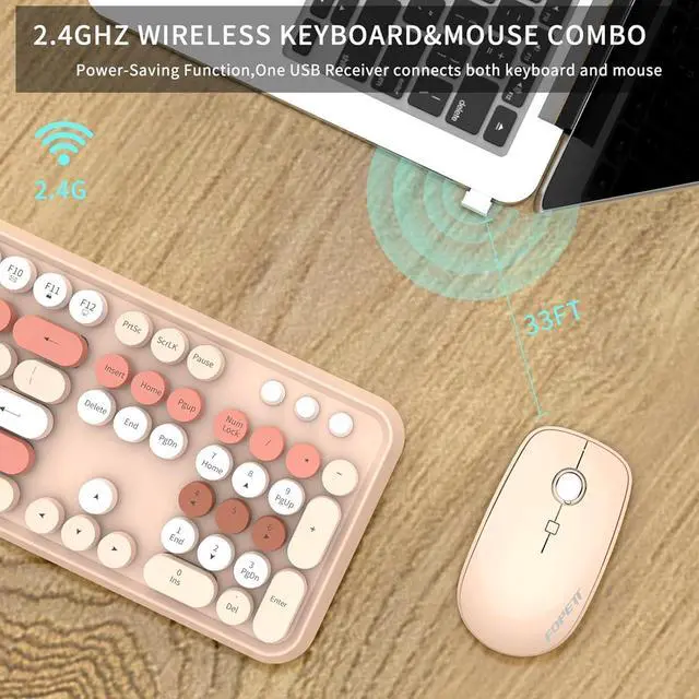Alt view image 6 of 7 - FD Wireless Keyboard and Mouse Combo | Cute Colorful Keyboard and Mouse with 2.4GHz Cordless Retro Typewriter Keyboard | Auto-Sleep | USB Receiver for Windows PC/Laptop - Creamy Colorful
