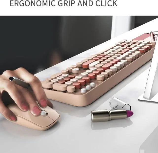 Alt view image 7 of 7 - FD Wireless Keyboard and Mouse Combo | Cute Colorful Keyboard and Mouse with 2.4GHz Cordless Retro Typewriter Keyboard | Auto-Sleep | USB Receiver for Windows PC/Laptop - Creamy Colorful