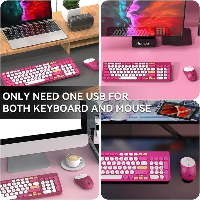 Alt view image 6 of 6 - FD Wireless Keyboards and Mouse Combo - 2.4GHz USB Cordless, Cute Wireless Keyboard Round Keys, Quiet and Slim Set for Laptop, Computer, TV and Mac - Strawberry White Colorful