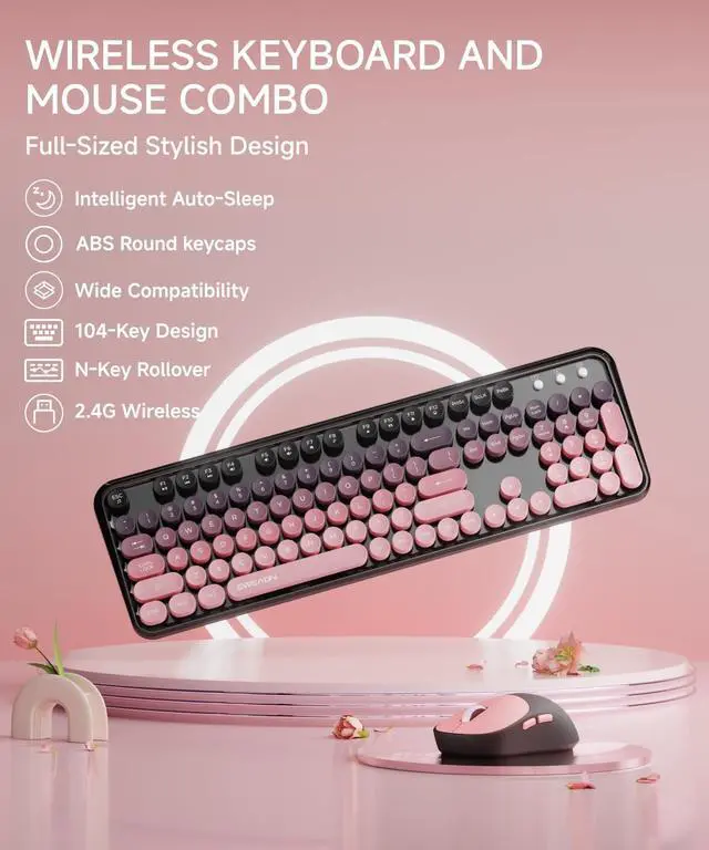 Alt view image 2 of 7 - V96 Wireless Keyboard and Mouse Combo, 2.4G Wireless Full-Sized Retro Typewriter Style Keyboard with Round Keycaps, 104 Keys Computer Keyboards and Mouse for Windows/Mac/PC, Gradient Pink