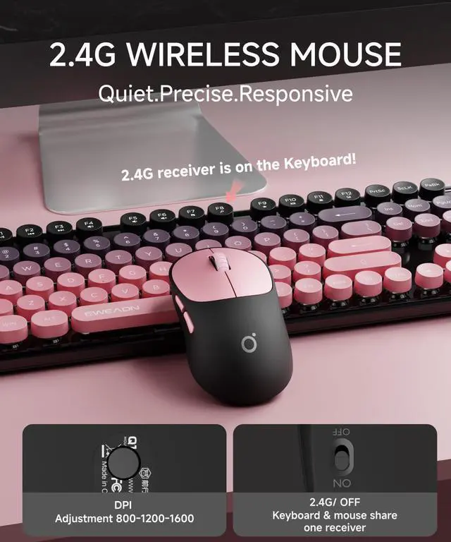 Alt view image 3 of 7 - V96 Wireless Keyboard and Mouse Combo, 2.4G Wireless Full-Sized Retro Typewriter Style Keyboard with Round Keycaps, 104 Keys Computer Keyboards and Mouse for Windows/Mac/PC, Gradient Pink