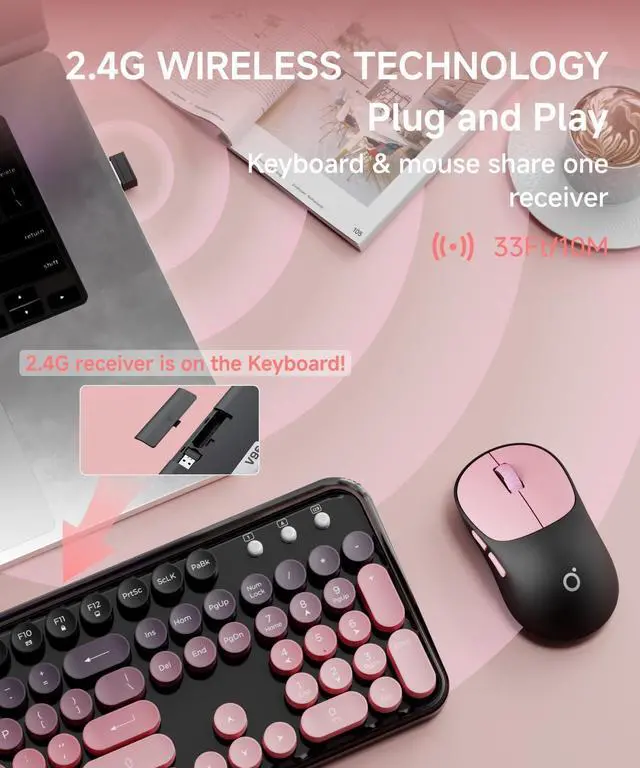 Alt view image 4 of 7 - V96 Wireless Keyboard and Mouse Combo, 2.4G Wireless Full-Sized Retro Typewriter Style Keyboard with Round Keycaps, 104 Keys Computer Keyboards and Mouse for Windows/Mac/PC, Gradient Pink