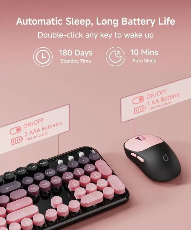 Alt view image 5 of 7 - V96 Wireless Keyboard and Mouse Combo, 2.4G Wireless Full-Sized Retro Typewriter Style Keyboard with Round Keycaps, 104 Keys Computer Keyboards and Mouse for Windows/Mac/PC, Gradient Pink