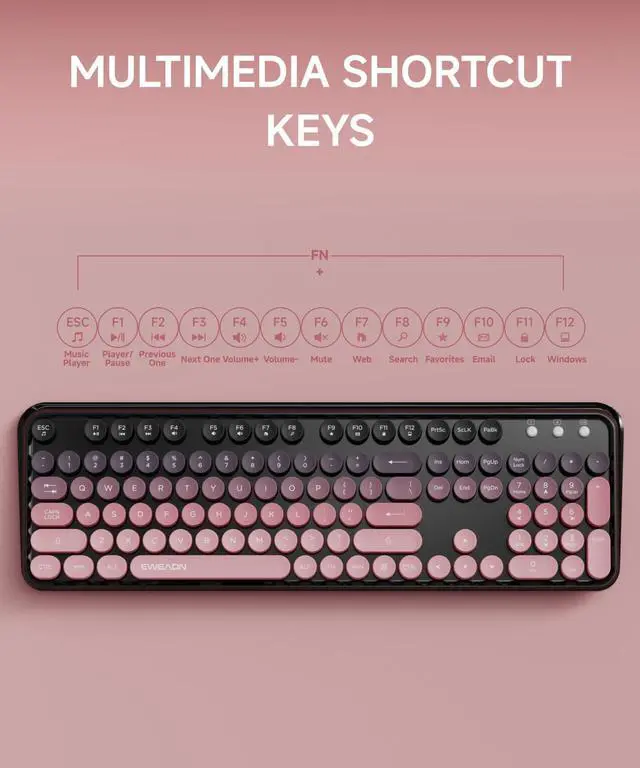 Alt view image 7 of 7 - V96 Wireless Keyboard and Mouse Combo, 2.4G Wireless Full-Sized Retro Typewriter Style Keyboard with Round Keycaps, 104 Keys Computer Keyboards and Mouse for Windows/Mac/PC, Gradient Pink