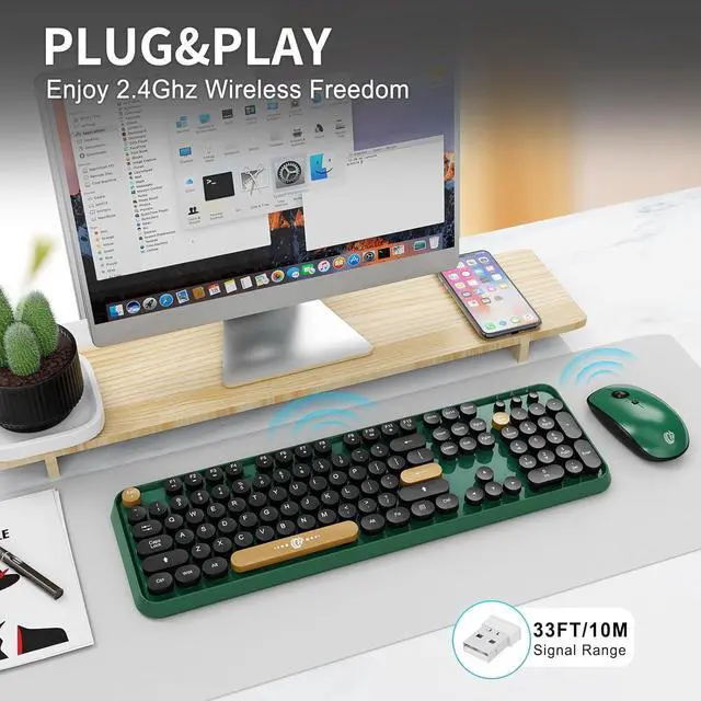 Alt view image 2 of 7 - Wireless Keyboard and Mouse Combo, 104 Round Keys Cute Colorful Keyboard and Mouse with Retro Typewriter for PC/Mac/Laptop/Tablet/Computer/Windows Green