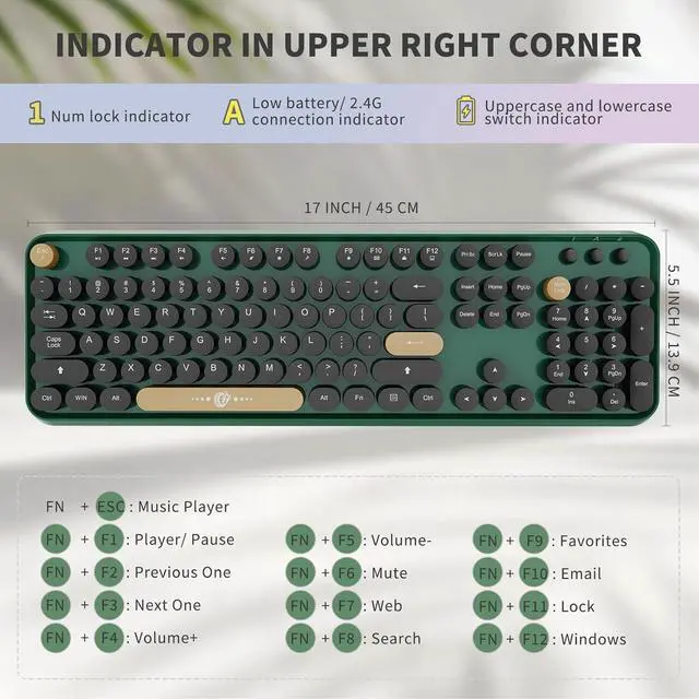 Alt view image 3 of 7 - Wireless Keyboard and Mouse Combo, 104 Round Keys Cute Colorful Keyboard and Mouse with Retro Typewriter for PC/Mac/Laptop/Tablet/Computer/Windows Green