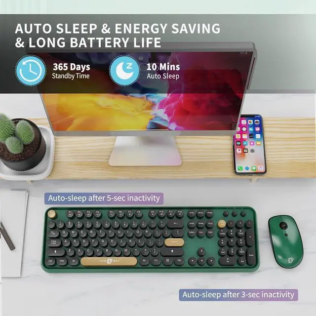 Alt view image 5 of 7 - Wireless Keyboard and Mouse Combo, 104 Round Keys Cute Colorful Keyboard and Mouse with Retro Typewriter for PC/Mac/Laptop/Tablet/Computer/Windows Green
